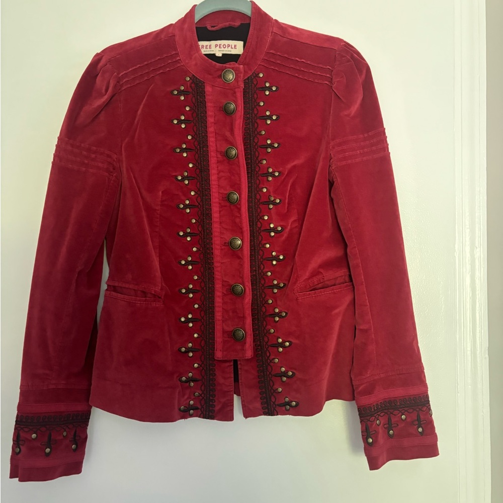 Free People Red Velvet Embellished Military Jacket
